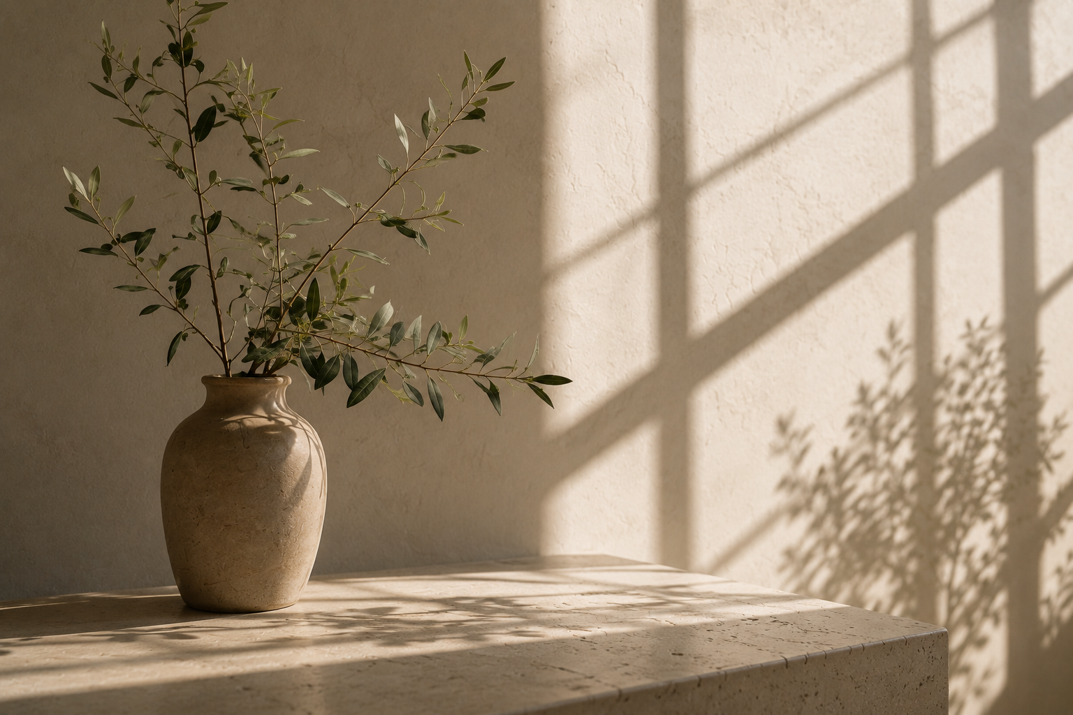 Aesthetic minimal vase with foliage casting cinematic window shadows