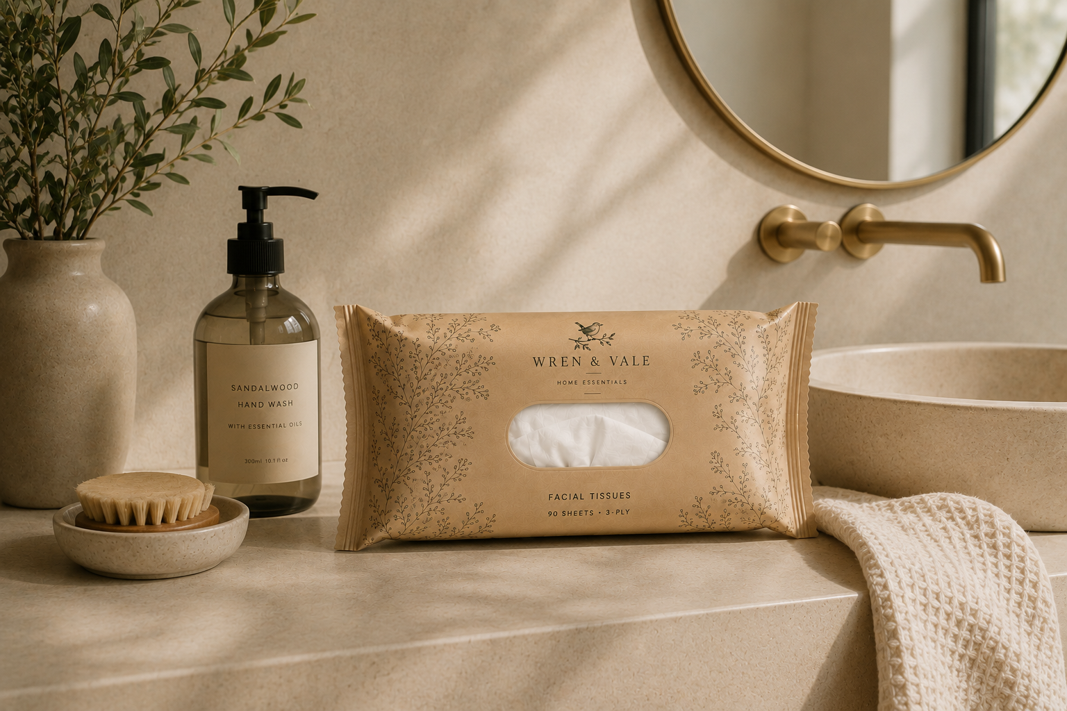 Wren & Vale Wipes Pack on Bathroom Vanity Counter