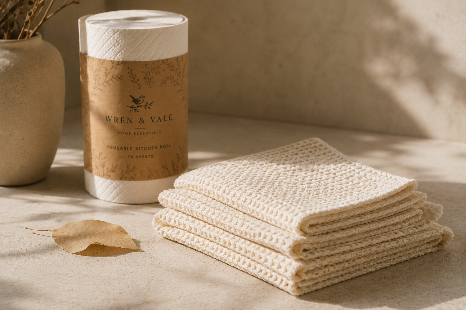 Wren & Vale Reusable Kitchen Roll standing next to stacked waffle cloths