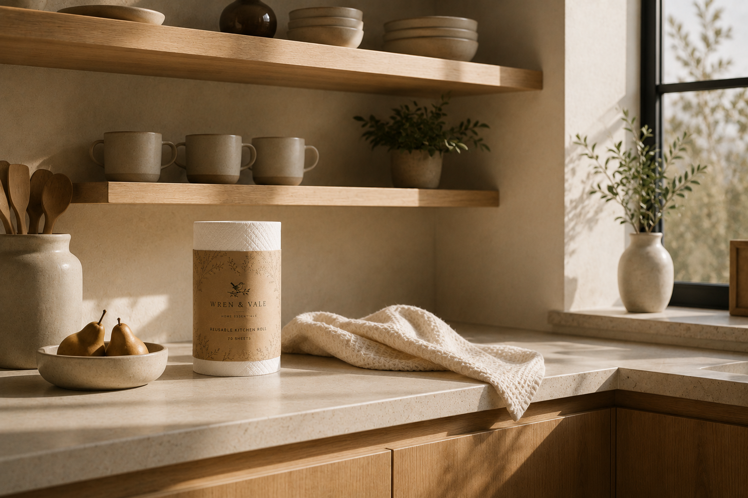 Wren & Vale Kitchen Roll on premium styled counter layout with shelves