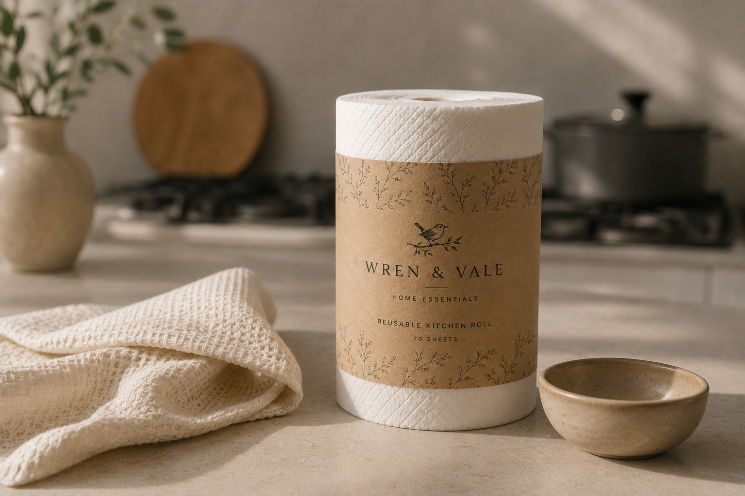 Wren and Vale kitchen roll beside a ceramic bowl with elegant morning sunlight shadow casting across the counter